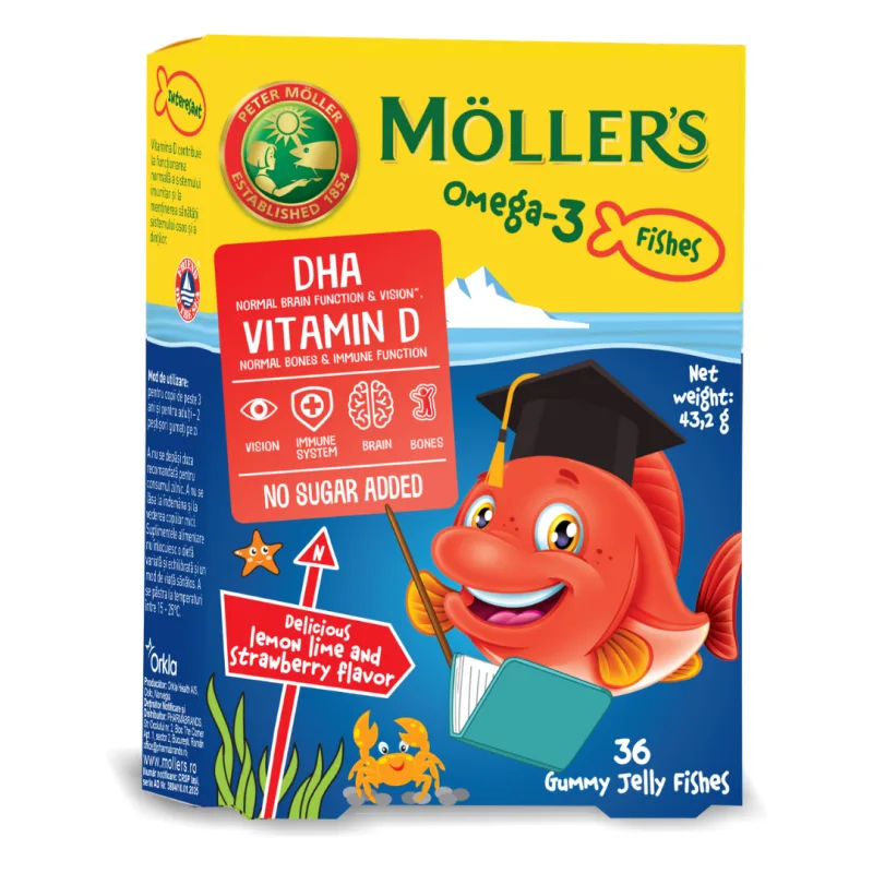 Pestisori gumati cu Omega 3 si aroma de lamaie verde si capsuni, 36 jeleuri, Moller's — preț și oferte
