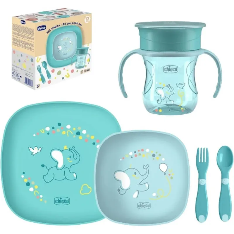 Set complet Chicco pentru diversificare alimentară 12 luni+ – set cu cană, bol și farfurie plată antiderapantă, de culoare albastră — preț și oferte