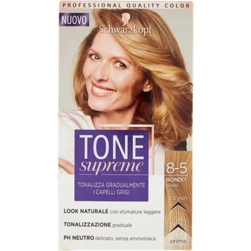Schwarzkopf Tone Supreme – cremă de nuanțare pentru părul cărunt, nuanța 8-5 blond auriu — preț și oferte