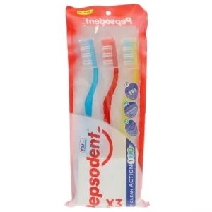 Pepsodent Easy Clean Action 123 – set de 3 periuțe de dinți cu peri de grosime medie și racletă pentru limbă integrată