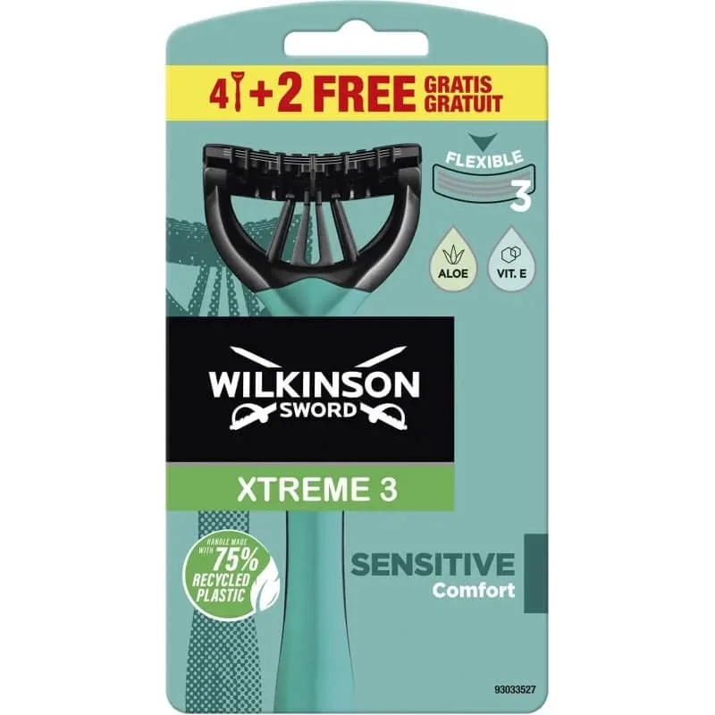 Wilkinson Xtreme 3 sensitive – 6 aparate de ras de unică folosință cu 3 lame flexibile, pentru pielea sensibilă, cu aloe și vitamina E, pentru un confort sporit — preț și oferte