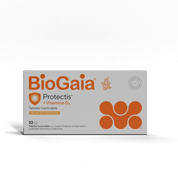Protectis cu vitamina D3, 800 UI si aroma de portocale, BioGaia | 10 tablete EWOPHARMA — preț și oferte