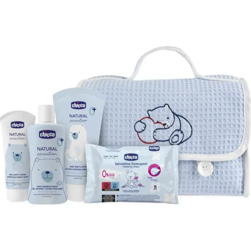 Set de produse cosmetice pentru bebeluși Chicco Natural Sensation – set de produse cosmetice pentru nou-născuți – albastru deschis — preț și oferte