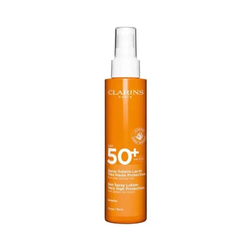 Clarins cremă solară SPF 50+ spray lapte de corp „Solaire Lacté” protecție foarte ridicată 150 ml — preț și oferte