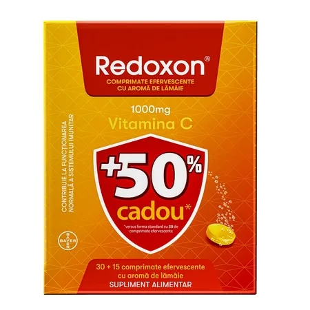 Redoxon cu aroma de lamaie 1000 mg, 30 + 15 comprimate efervescente CADOU, Bayer — preț și oferte