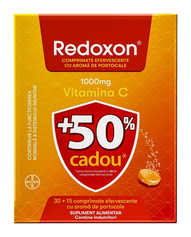 Redoxon cu aroma de portocale 1000 mg, 30 + 15 comprimate efervescente CADOU, Bayer — preț și oferte