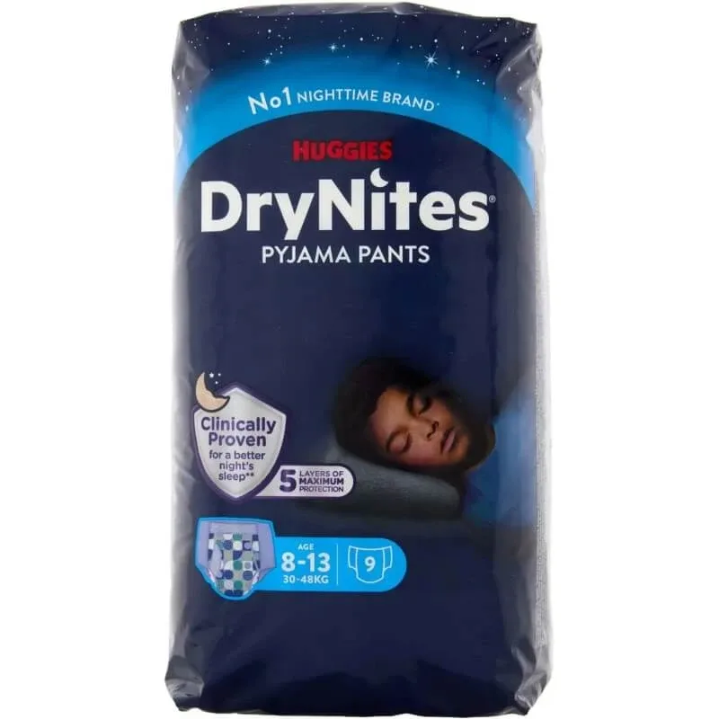 Huggies DryNites pentru băieți – scutece tip chiloți pentru copii cu vârsta între 8 și 15 ani, 27/57 kg, 9 buc. — preț și oferte