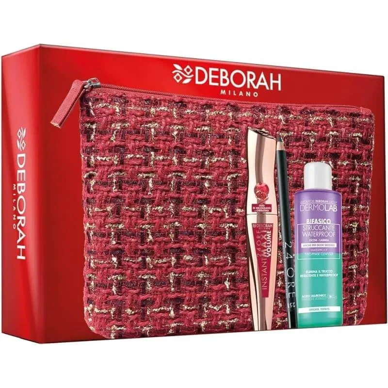 Deborah Kit „Privire perfectă” – rimel cu volum maxim instant + creion de ochi negru cu rezistență de 24 de ore + demachiant bifazic + trusă de machiaj — preț și oferte
