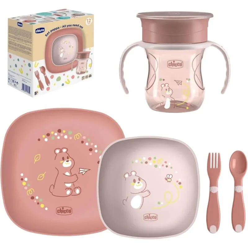 Set Chicco pentru diversificare alimentară 12 luni+ – set cu cană, bol și farfurie plată antiderapantă, furculiță și lingură roz — preț și oferte