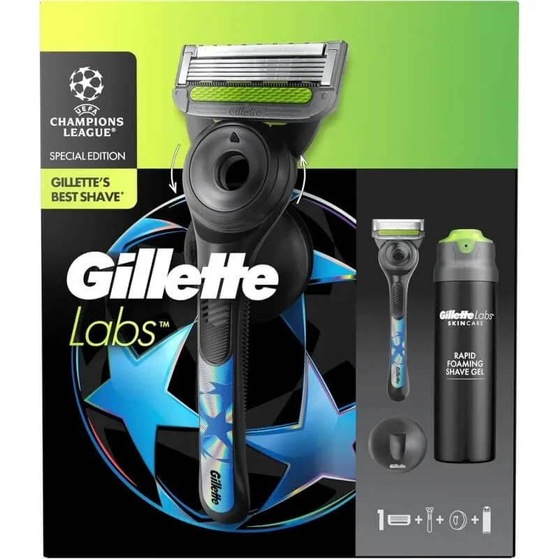 Gillette Labs – aparat de ras UEFA Champions League – set de bărbierit cu lamă, mâner, cârlig și gel de bărbierit de 198 ml — preț și oferte