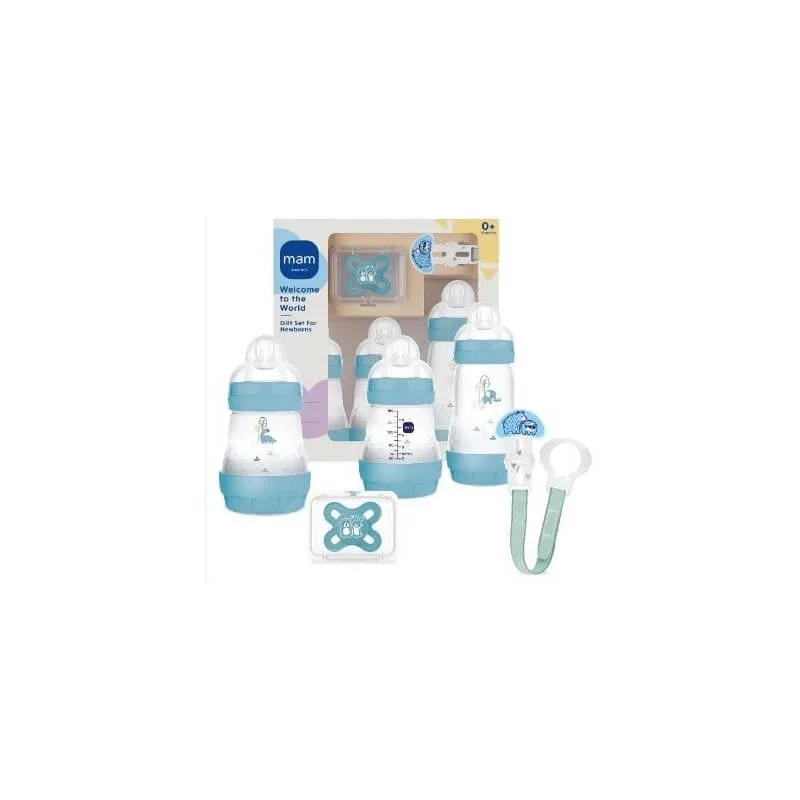 Mam Welcome to the world – set cadou cu 3 biberoane anti-colici (2 x 160 ml, 1 x 260 ml), suzetă și suport pentru suzetă — preț și oferte