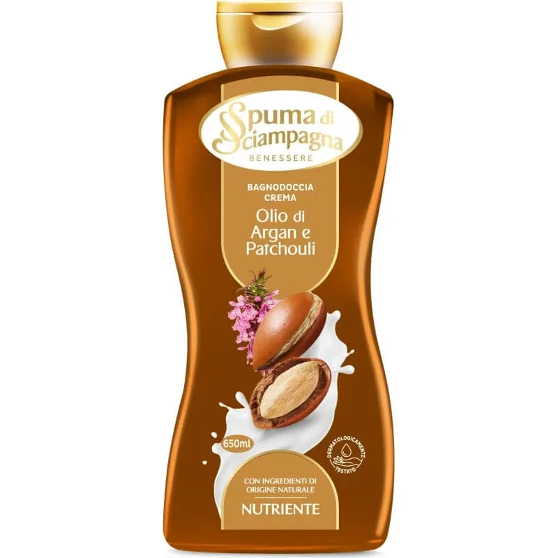 Spumă de șampanie, ulei de argan și patchouli – gel de duș cremos și hrănitor, 650 ml — preț și oferte