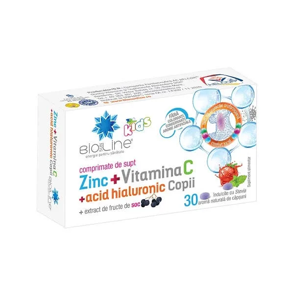 Zinc cu Vitamina C si Acid Hialuronic pentru copii, 30 comprimate de supt, Helcor — preț și oferte