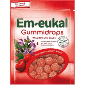 Picături de gumă EM-EUKAL cireșe sălbatice-salvie cu adaos de zahăr. 90 g