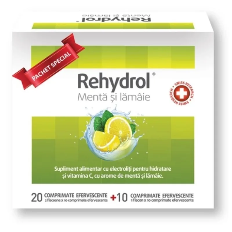 Saruri de rehidratare cu menta si lamaie Rehydrol, 20 + 10 comprimate efervescente, MBA Pharma — preț și oferte