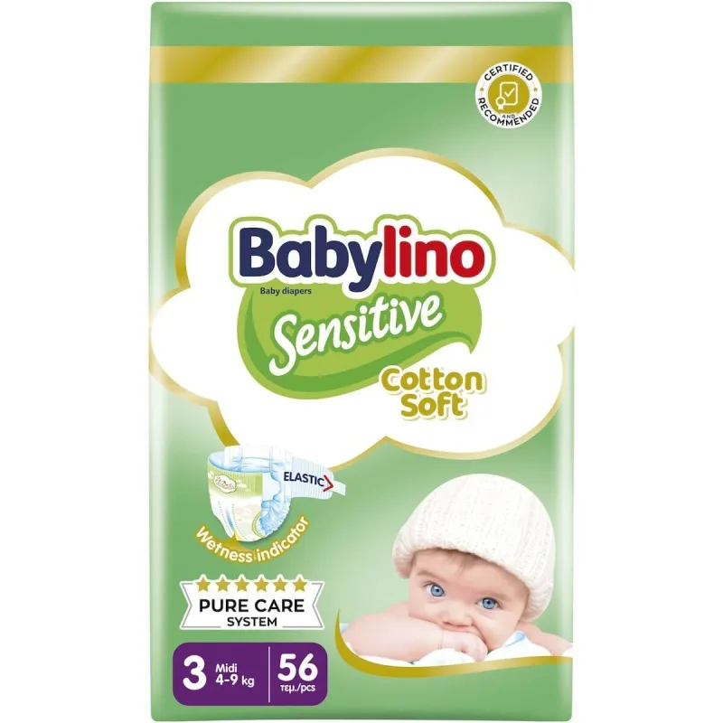 BABYLINO Bumbac moale Midi nr.3 (4-9 kg) Absorbant și certificat prietenos Scutece pentru copii 56 bucăți — preț și oferte