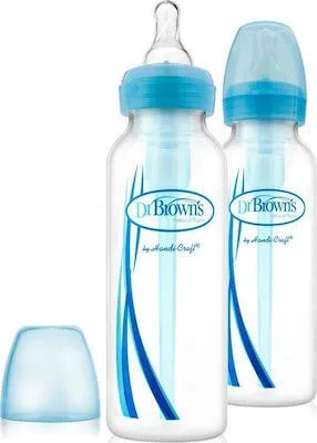 DR. BROWN`S Natural Flow Options, Sticlă de plastic albastră cu gât îngust și mamelon din silicon 2x250ml SB 82405 — preț și oferte