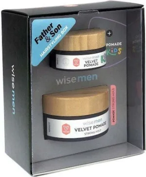 WISE MEN Father & Son Hairstyling Box cu păr Velvet Pomade Strong Hold Pomadă pentru bărbați 100ml și cadou pentru copii Velvet Pomade Kids Pomade 30ml
