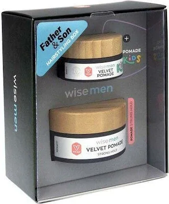 WISE MEN Father & Son Hairstyling Box cu păr Velvet Pomade Strong Hold Pomadă pentru bărbați 100ml și cadou pentru copii Velvet Pomade Kids Pomade 30ml — preț și oferte
