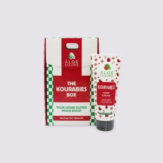 ALOE COLORS Promo The Kourabies Box Cremă de mâini pentru îmbunătățirea stării de spirit 75 ml, pudrată cu zahăr și cadou misterios — preț și oferte
