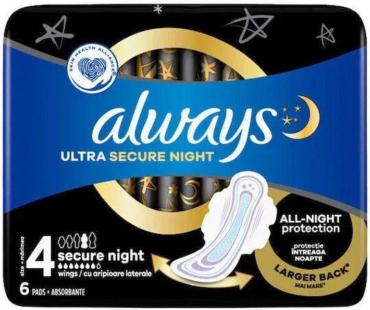 ALWAYS Ultra Secure Night 4 InstantDry tampoane cu absorbție ridicată cu aripi, 6 bucăți — preț și oferte