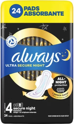 ALWAYS Secure Night Șervețele sanitare cu aripi nr. 4, 24 bucăți