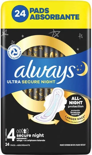 ALWAYS Secure Night Șervețele sanitare cu aripi nr. 4, 24 bucăți — preț și oferte