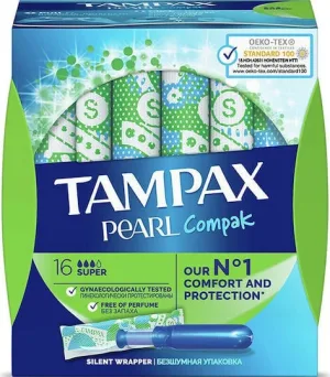 TAMPAX Pearl Compak Super Tampoane cu aplicator cu absorbție ridicată, 16 bucăți