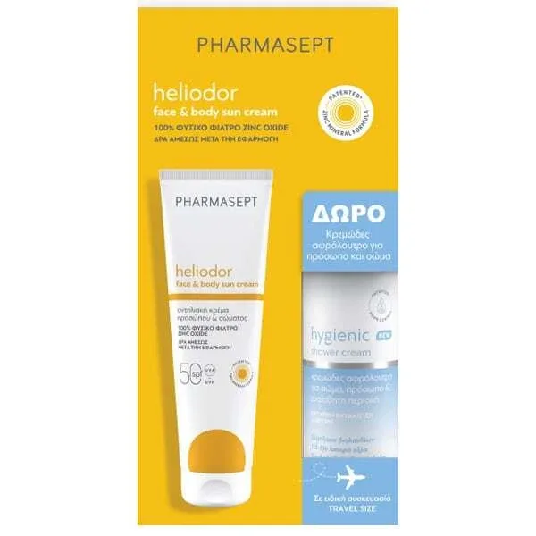 PHARMASEPT Heliodor Promo cu Heliodor Face Sun Cream SPF50 Cremă de față cu protecție solară, 150ml și Gel de duș igienic cremos, 100ml — preț și oferte