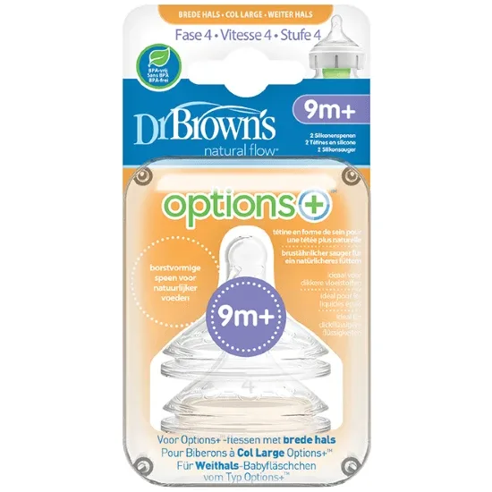 DR. BROWN'S Natural Flow Silicone Bottle Nipple Options+ With Wide Neck Level 4 9+ Months 2 Pieces WN 4201 — preț și oferte