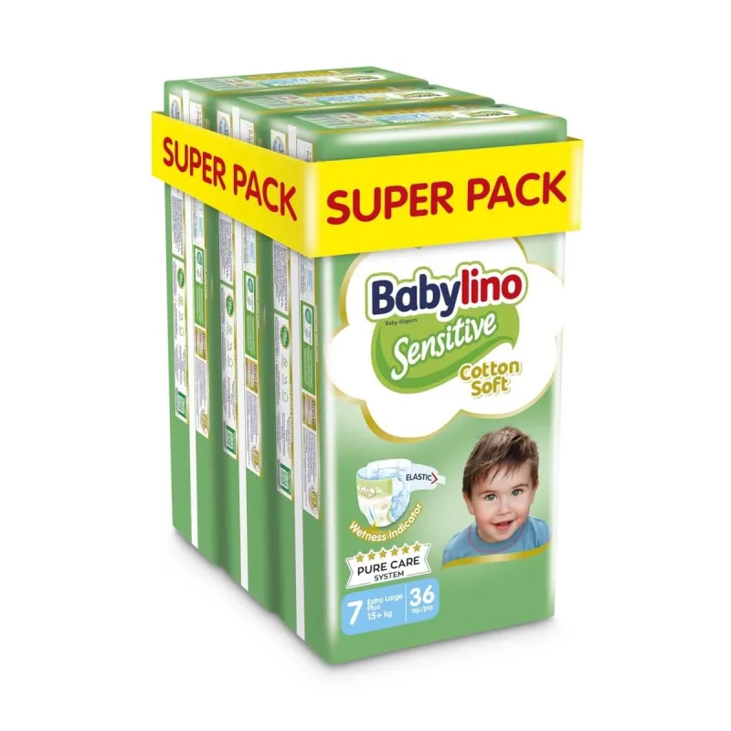 BABYLINO Scutece pentru copii moi din bumbac sensibil No7 15kg+ (36x3) 108 bucăți — preț și oferte
