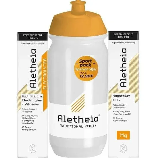 ALETHEIA Promo Electroliți cu conținut ridicat de sodiu + vitamine 18 tablete efervescente și magneziu + vitamina B6 20 tablete efervescente și sticlă sport cadou 500m — preț și oferte