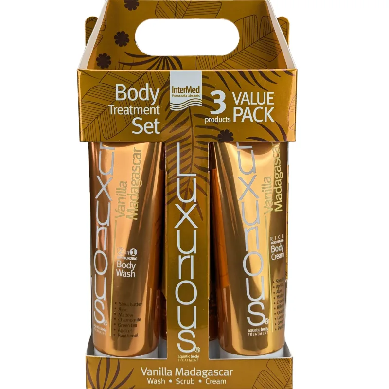 LUXURIOUS Promo Vanilla Madagascar 2in1 Body Wash 280ml & Natural Exfoliating Body Scrub & Rich Moisturizing Body Cream 280ml — preț și oferte