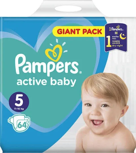 PAMPERS Active Baby Scutece cu autocolant nr. 5 pentru 11-16 kg 64 bucăți — preț și oferte