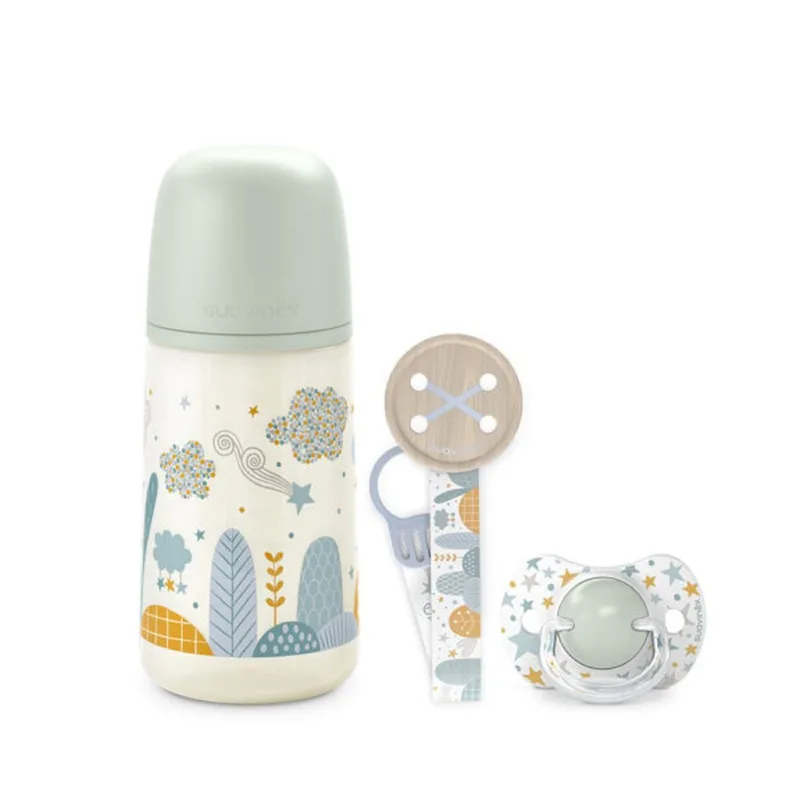 Set biberon Dreams Blue 270ml, tetina SX Pro flux mediu, suzeta SX Pro 0-6 luni si lantisor pentru suzeta, Suavinex — preț și oferte