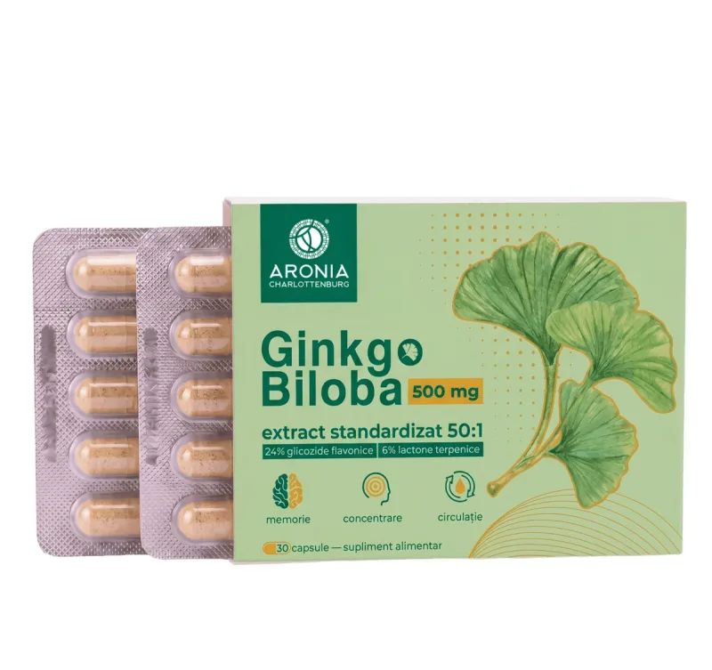 Ginkgo Biloba 500 mg — 30 capsule cu extract concentrat din frunze, pentru memorie, concentrare și circulație — preț și oferte