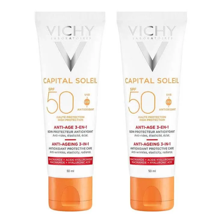 Vichy Ideal Soleil Cremă anti-îmbătrânire SPF 50, 2 x 50 ml cremă — preț și oferte
