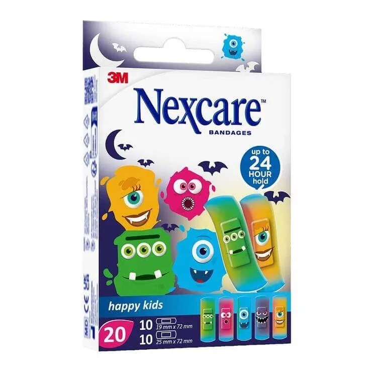 Nexcare Happy Kids – Bandaje autoadezive Monster, 2 mărimi, 20 de bandaje — preț și oferte