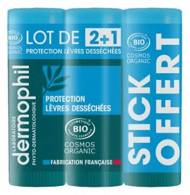 Dermophil Indien - Stick bio pentru protecția buzelor uscate, set de 2 x 4 g + 1 gratuit — preț și oferte