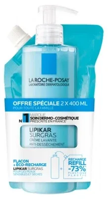 La Roche-Posay Lipikar Surgras Cremă de spălare anti-deshidratare 400 ml + Reîncărcare ecologică 400 ml