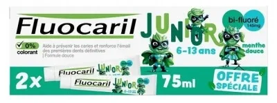 Fluocaril Junior Pastă de dinți pentru copii de 6-13 ani, aromă de mentă dulce, pachet de 2 x 75 ml — preț și oferte