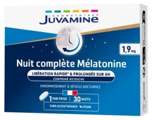 Juvamine Noapte Completă cu Melatonină 1,9 mg, 30 de comprimate cu două straturi