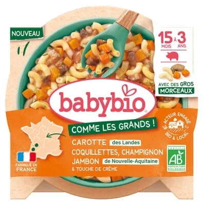 Babybio Morcovi, Coquillettes, Ciuperci și Șuncă – de la 15 luni la 3 ani – Produs ecologic – 200 g — preț și oferte