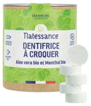 Natessance Pastă de dinți masticabilă cu aloe vera organică și mentol organic, 80 de comprimate