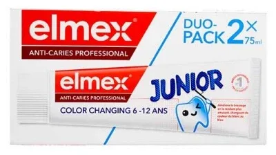 Elmex Pastă de dinți Junior Anti-Carii Professional cu schimbare de culoare, pachet de 2 x 75 ml — preț și oferte
