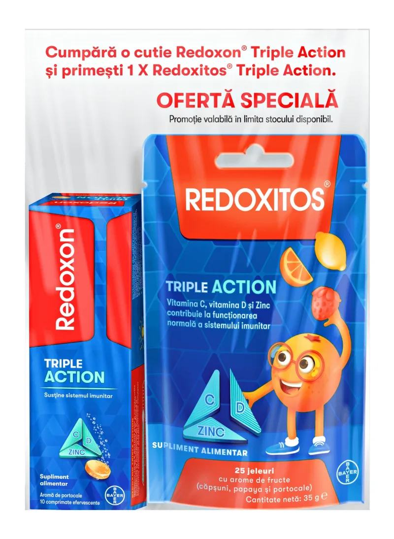 Pachet Redoxon Triple Action Vitamina C, D si Zinc, 10 comprimate + Jeleuri cu vitamina C 30 mg Redoxitos Triple Action, 25 bucati, Bayer — preț și oferte