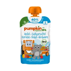 Piure Bio din Mar, Cartof Dulce, Morcov, Spelta si Zmeura, 6 lini+, 100 g, Pumpkin Organics