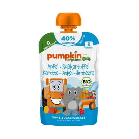 Piure Bio din Mar, Cartof Dulce, Morcov, Spelta si Zmeura, 6 lini+, 100 g, Pumpkin Organics — preț și oferte