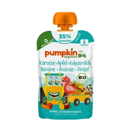 Piure Bio din Morcov, Mar, Cocos, Banana, Ananas si Spelta, 6 luni+, 100 g, Pumpkin Organics — preț și oferte
