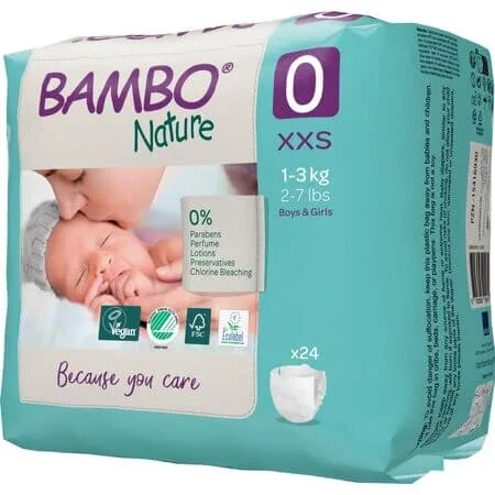 Scutece pentru prematuri, Nr.0, 1-3 kg, 24 buc, Bambo Nature — preț și oferte